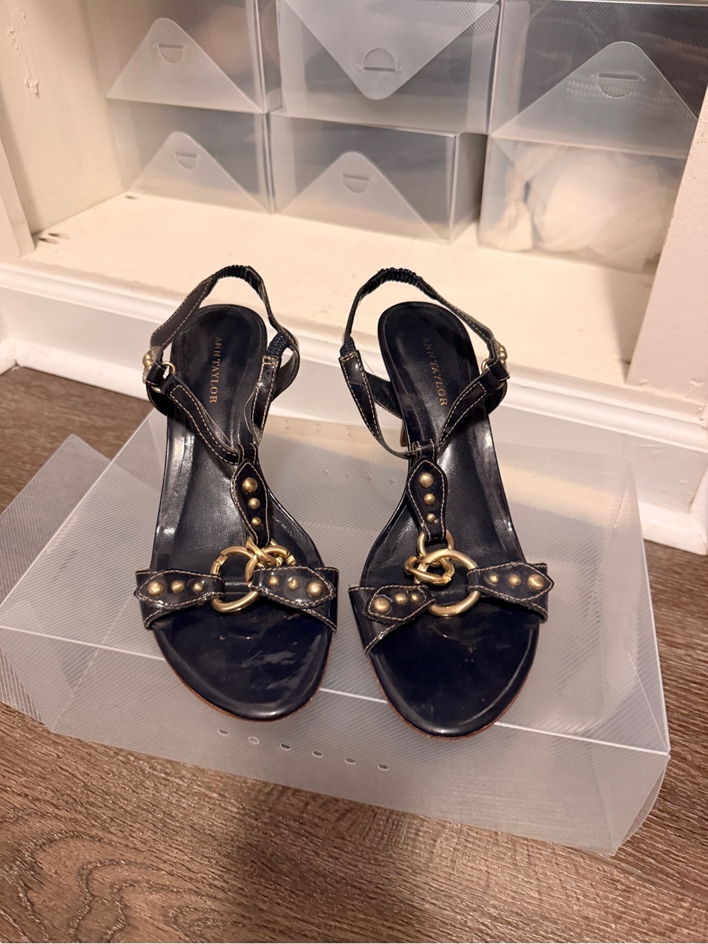 Ann Taylor Black Leather T-Strap Heeled Sandals with Gold Rings
